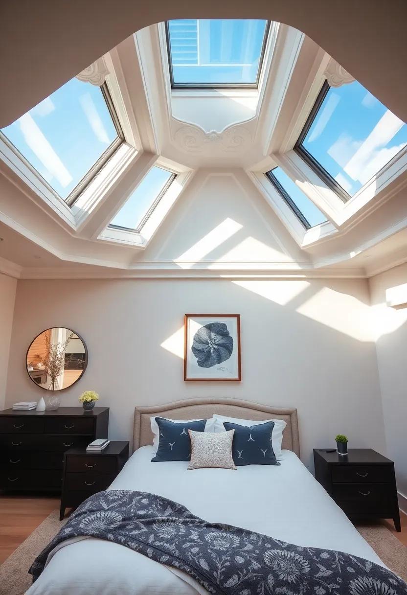 Indulge in a bespoke bedroom where elegantly designed skylights draw⁣ attention to intricate ceiling⁣ work, creating a focal point that is both functional and artistic