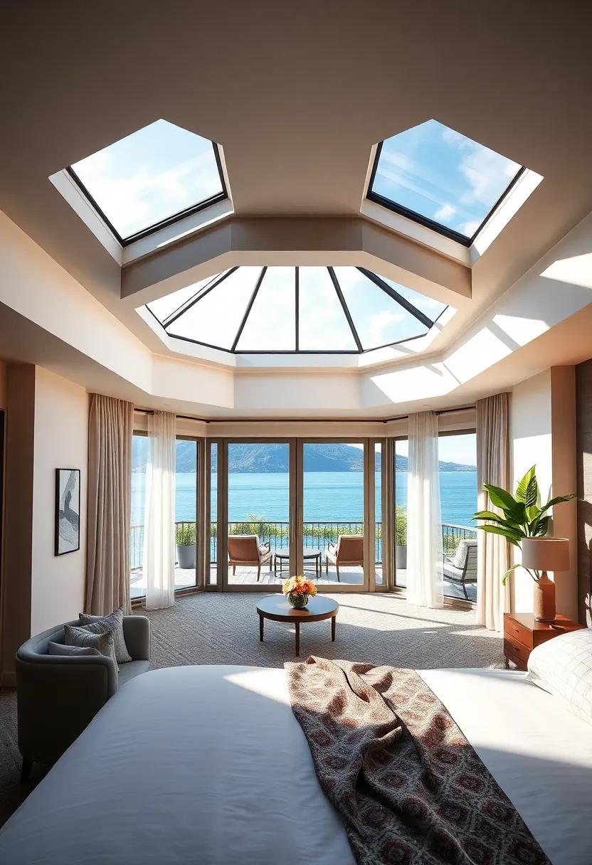 Let the luxury of⁣ a contemporary suite envelop you as you lounge under a unique octagonal skylight that opens to a private terrace, seamlessly blending inside and out