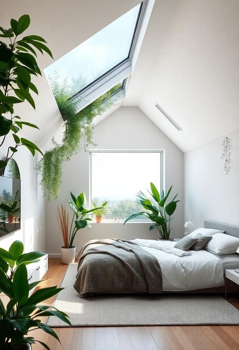 Let⁢ nature in with a modern bedroom ⁢featuring skylights surrounded by live greenery, infusing indoor air with freshness while complementing your​ luxurious surroundings