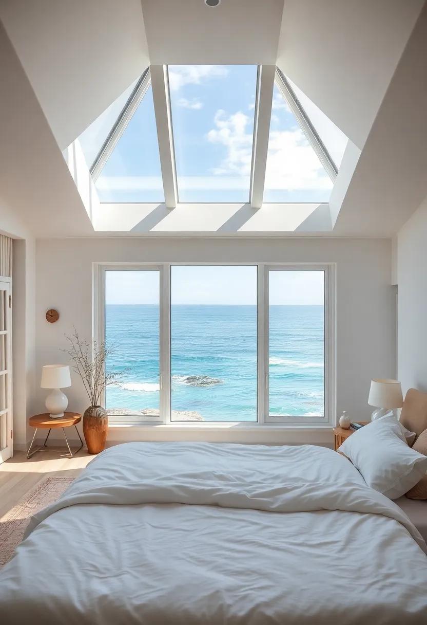 Relax in a dreamy coastal bedroom ‍where skylights frame stunning ocean views, filling your space with the sounds of waves and the beauty of nature, perfect for unwinding