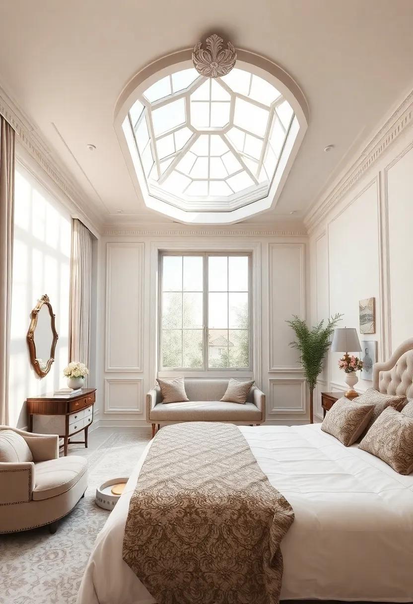 Revel in ⁢a luxurious bedroom with plush furnishings⁢ and a baroque-style skylight, adding ‌a touch of opulence while bathing the room in soft, diffused light