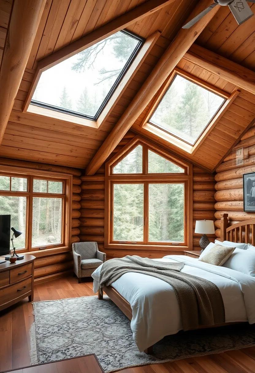 Savor ⁤the rustic charm of ⁢a log cabin-inspired bedroom with skylights that bring the forest canopy‍ directly above your head, enhancing the warmth and comfort of wood interiors