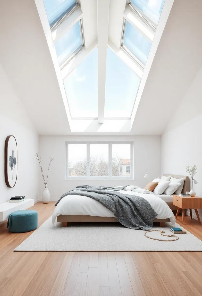 Uncover the beauty of a Scandinavian-inspired bedroom that combines minimalism with major impact through oversized skylights that create a bright, airy atmosphere