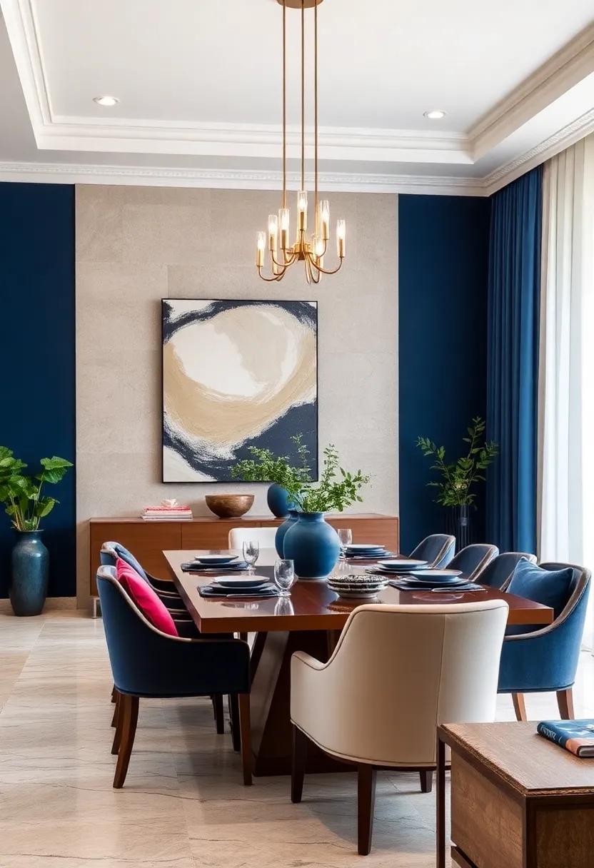 Jewel-Toned Indigo and Soft Ivory: This bold yet elegant color scheme adds a touch of drama while maintaining a luxurious feel