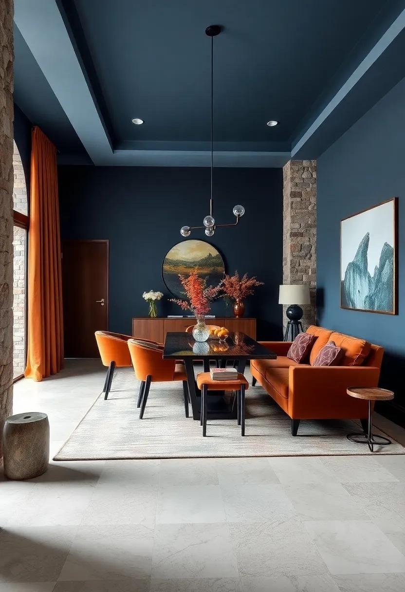 Steel Blue and Burnt Umber: Unique and striking, this combination harmonizes cool and warm tones for a sophisticated look