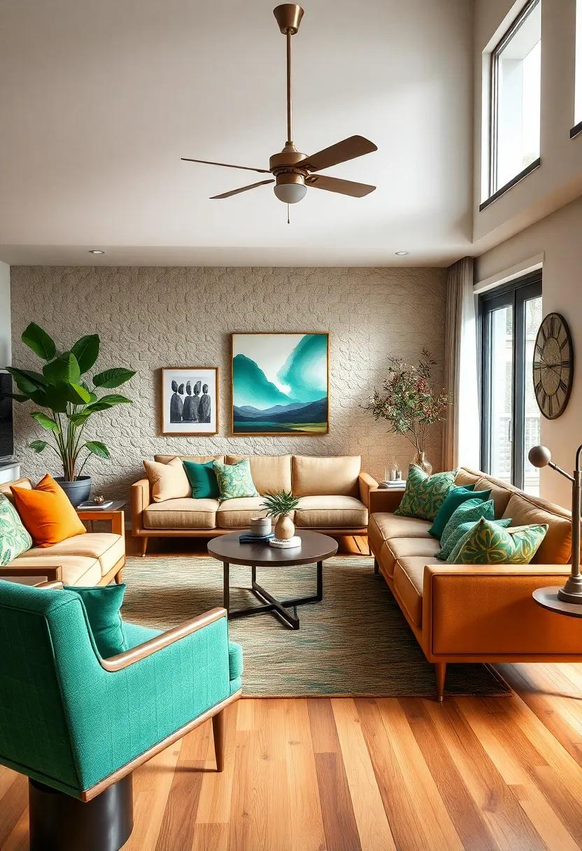 Embrace Bold Colors: Infuse your living ⁤room with rich jewel tones like emerald green and​ sapphire blue to create a vibrant mid-century modern palette