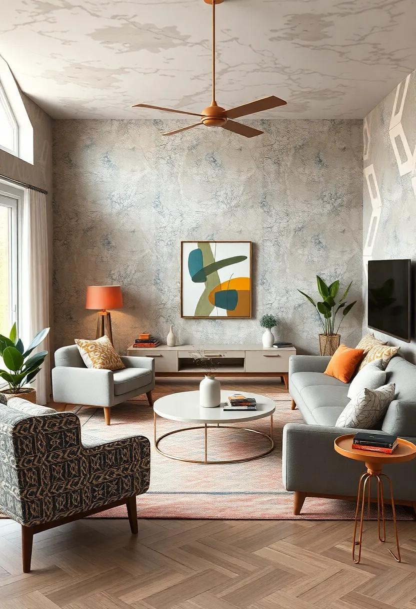 Geometric Patterns: Integrate geometric shapes in upholstery, rugs, or wallpaper to evoke the playful spirit of mid-century design