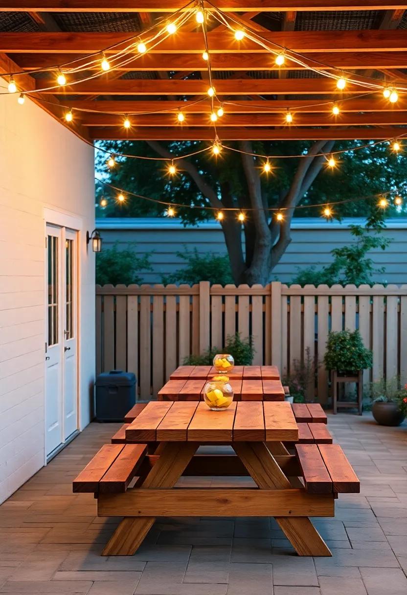 Creating a Warm Welcome with twinkling String Lights Above Picnic Tables