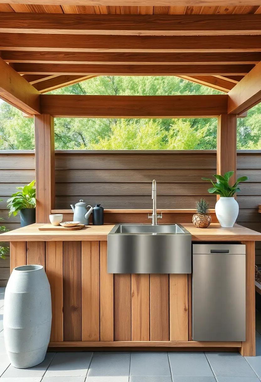Embrace ‍a rustic⁢ charm with this wooden outdoor kitchen boasting a ⁣stainless-steel ⁤sink, ⁢perfect for preparing summer salads while enjoying⁤ the breeze