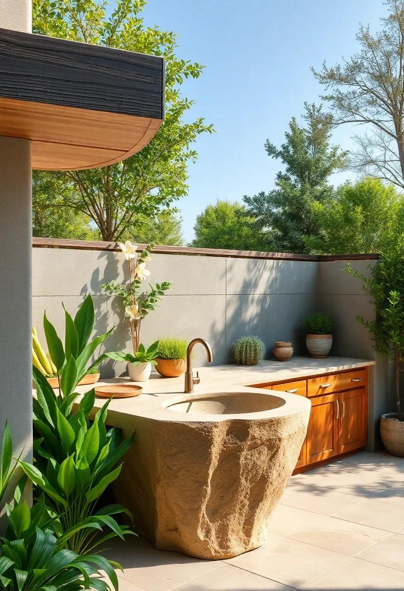 Embrace nature with an eco-friendly outdoor kitchen constructed from reclaimed ⁢materials, featuring a⁢ natural stone‍ sink that beautifully blends‌ with the surroundings
