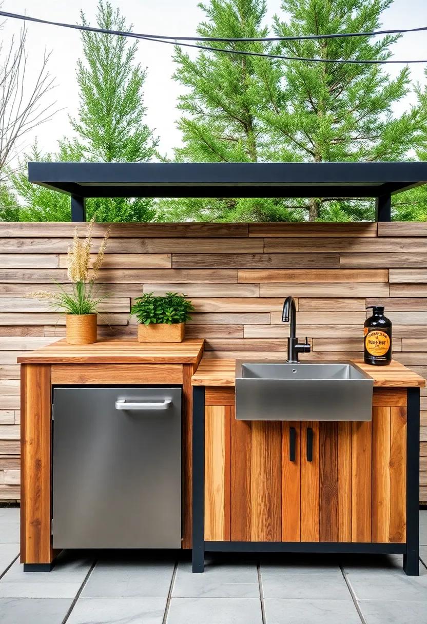 Achieve ⁤a⁤ chic industrial look with⁢ an outdoor kitchen featuring‍ a reclaimed wood and metal design, complemented by⁣ a bold⁣ utility sink