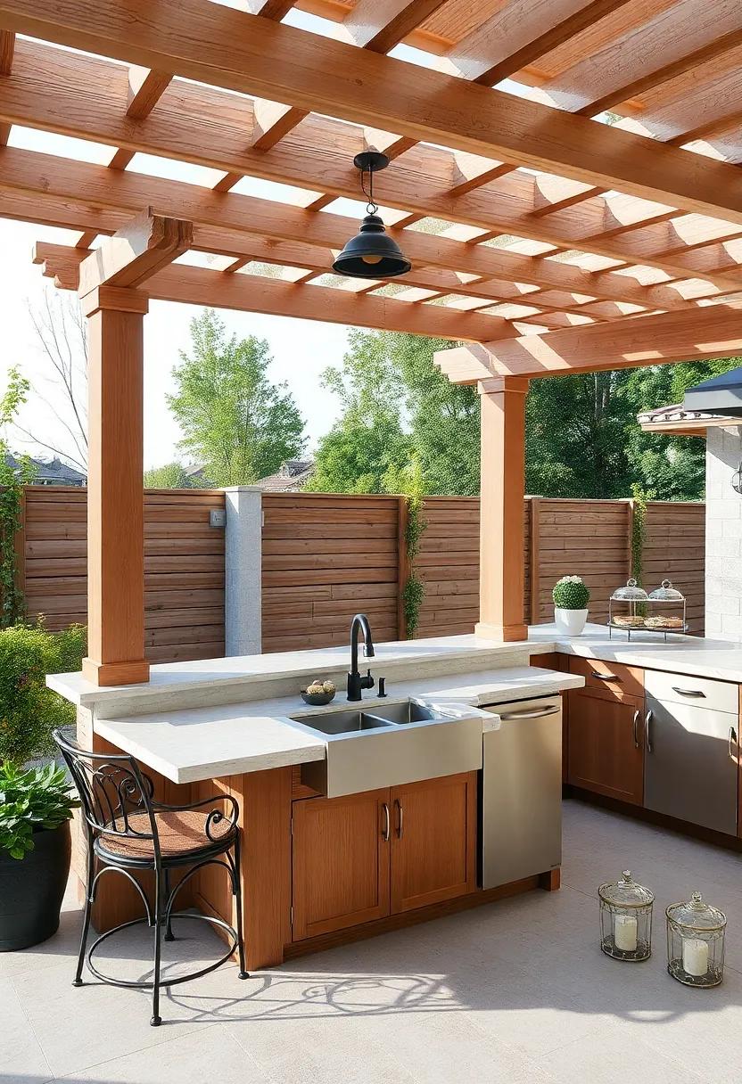 Wrap up your outdoor oasis with an elegant pergola-covered kitchen, ​showcasing a chic integrated sink that blends style and function⁣ seamlessly