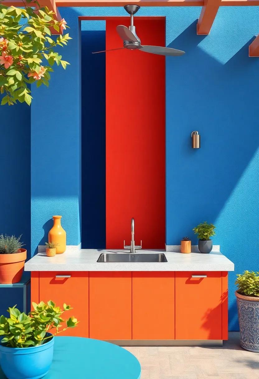 Make‌ a statement with a vibrant outdoor kitchen featuring a ⁤bold color palette and a sleek stainless-steel sink that adds a pop of modern​ flair