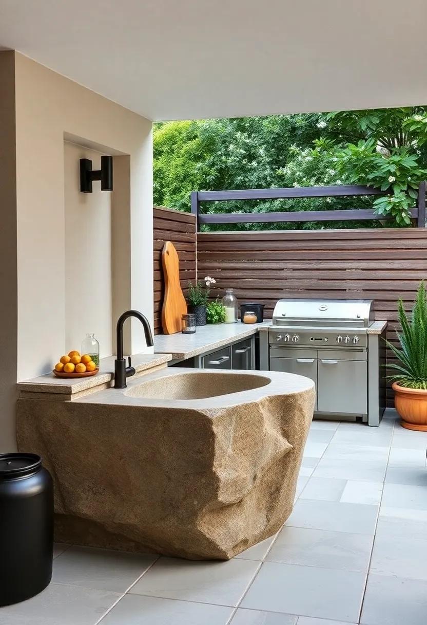 Celebrate the art of outdoor cooking with a culinary space that boasts a‍ rustic stone sink,​ harmonizing perfectly with the natural landscape of your garden