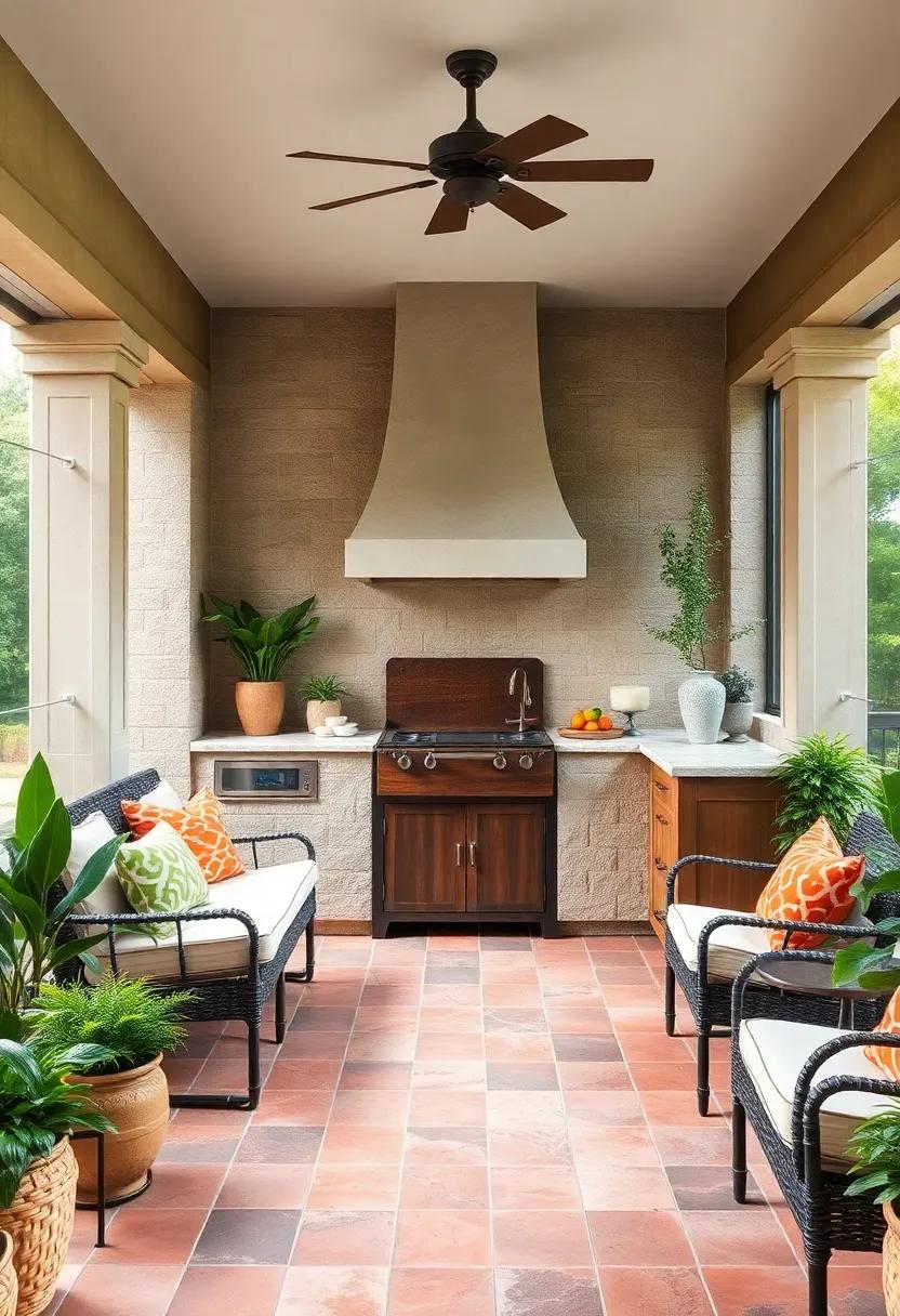embrace ⁣the outdoors with a Mediterranean-inspired screened ​porch⁢ kitchen featuring terracotta tiles and ⁤a rustic wooden sink,​ perfect for those‌ summer pasta‌ nights
