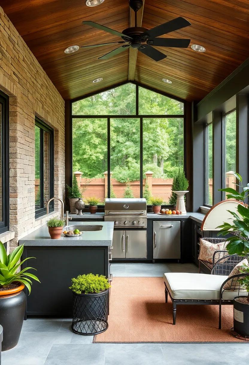 Get inspired by ⁢an industrial ‌chic screened porch featuring bold metal accents, a concrete sink, and an impressive outdoor grill for the ultimate summer cookout