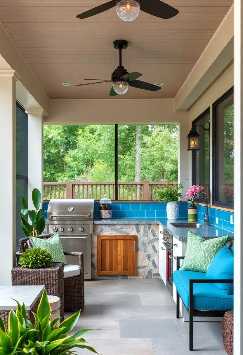 Transform your grilling experience with a chic coastal-themed screened ⁤porch that boasts ‌a vibrant blue backsplash and a convenient outdoor sink for easy⁣ clean-up