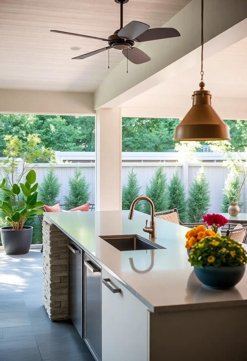 revel in the spirit of summer with a minimalist​ screened porch that highlights a sleek countertop sink and outdoor⁤ dining set, promoting a serene atmosphere for alfresco meals