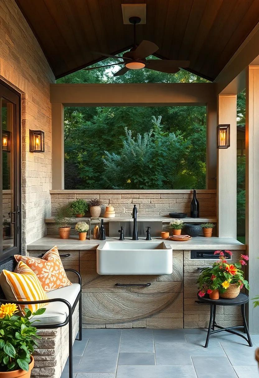 Experience the⁢ allure of a shaded garden ‌porch kitchen ⁣that highlights a rustic sink made from reclaimed materials,⁤ surrounded by flowers and plants, enhancing your ‍outdoor experience