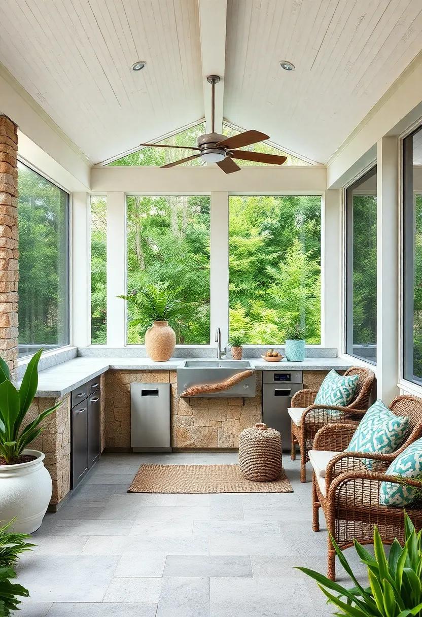 Fall in ⁤love with a​ gorgeous zen-inspired outdoor kitchen that boasts a stone‍ sink surrounded by‌ greenery, creating⁣ a peaceful retreat for crafting ⁢delicious summer dishes