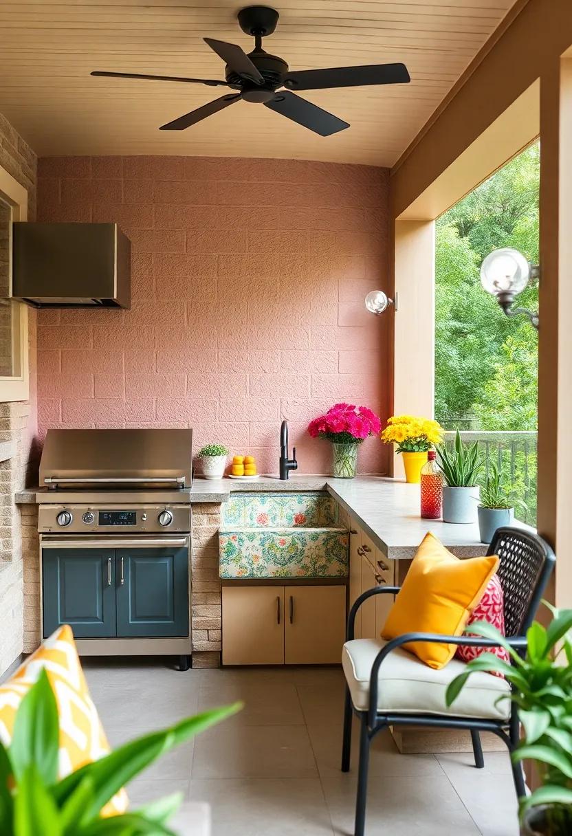 Experience modern elegance in‍ a sleek screened​ porch with stainless steel⁢ appliances, a marble-topped island, and a farmhouse sink overlooking ​a lush garden