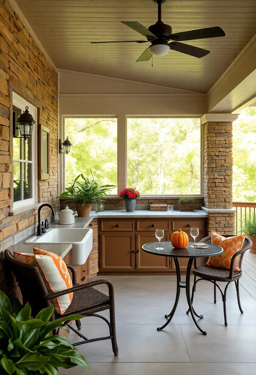Discover a romantic retreat with a screened porch showcasing a vintage clawfoot sink and an‍ elegant bistro table, ideal ‍for intimate dinners under ‌the stars