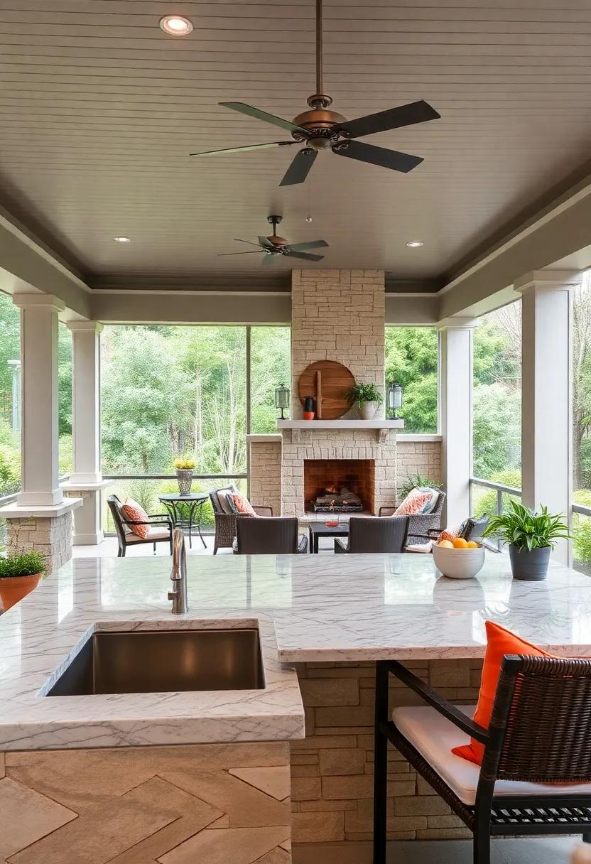 Elevate your outdoor cooking ⁢with an elegant screened porch featuring a sleek granite​ sink, perfectly paired with an outdoor fireplace for​ those cooler summer evenings