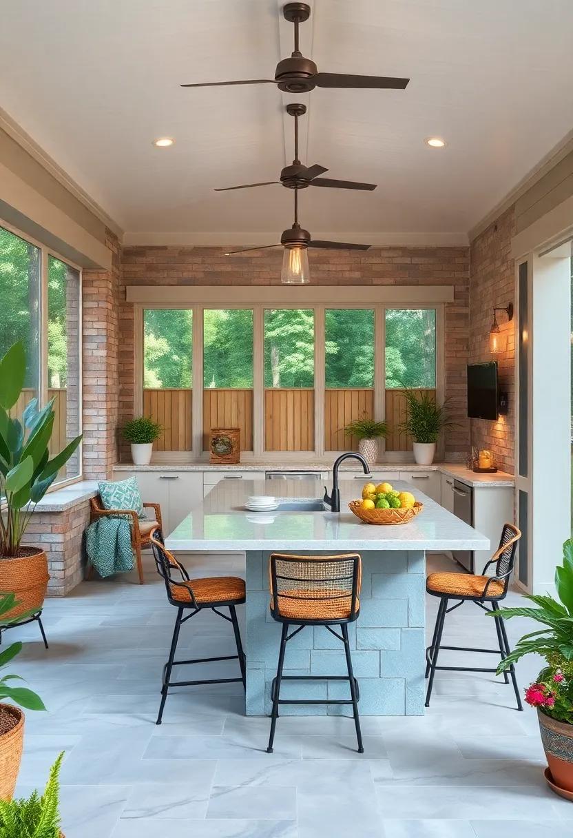 Indulge in the luxurious comfort of a ​contemporary screened porch designed for entertaining, showcasing a large ⁤island with a​ built-in sink​ and stylish bar stools for summer gatherings