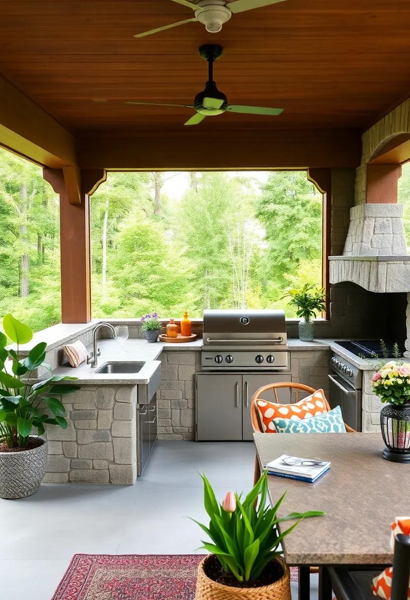 Discover the charm of ⁣a cozy log cabin-themed outdoor kitchen, complete with⁢ a stone sink and a wood-burning grill, ideal for summer barbecues with family and‌ friends