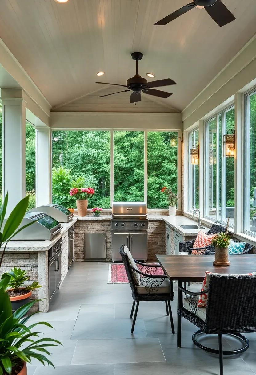 Create an⁣ entertainer’s paradise with an expansive screened porch ​kitchen featuring a full barbecue setup, ​a stylish sink, and ample seating ⁤for those long summer nights