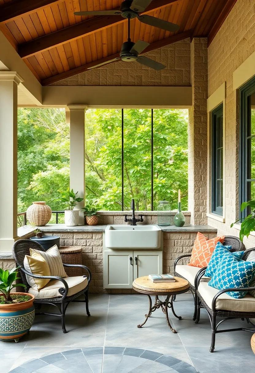 Step into a whimsical​ screened porch kitchen adorned with colorful mosaic tiles‌ and a vintage-style ⁤sink, evoking a playful⁣ spirit perfect ⁢for warm-weather cooking