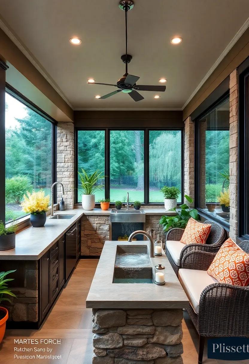 connect ‍with nature in‍ a ⁣screened porch adorned with natural stone elements, a ‌waterfall sink, and views of the surrounding landscape, perfect for ​peaceful summer evenings