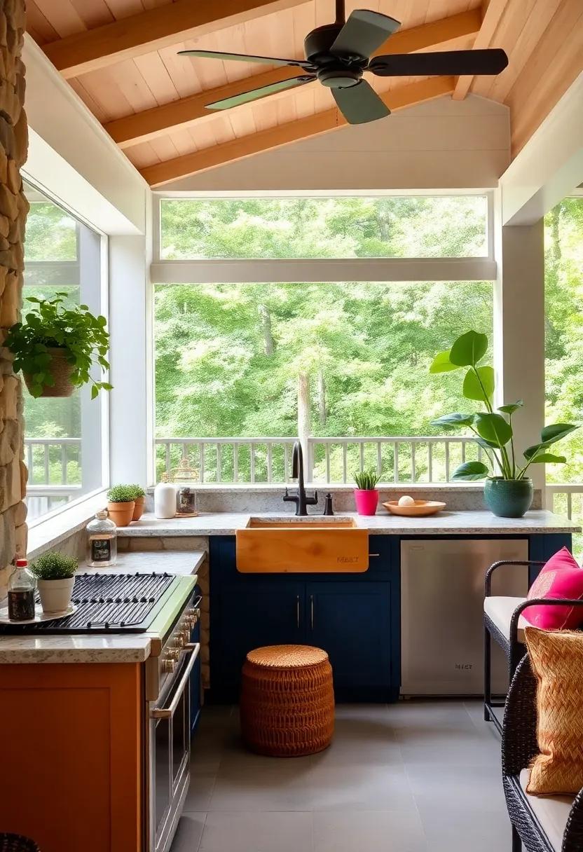 Make every meal a ⁢celebration in a ⁣lively screened porch kitchen with bold colors, ⁣a playful knotty pine sink, and ample cooking space for ‍entertaining on warm nights