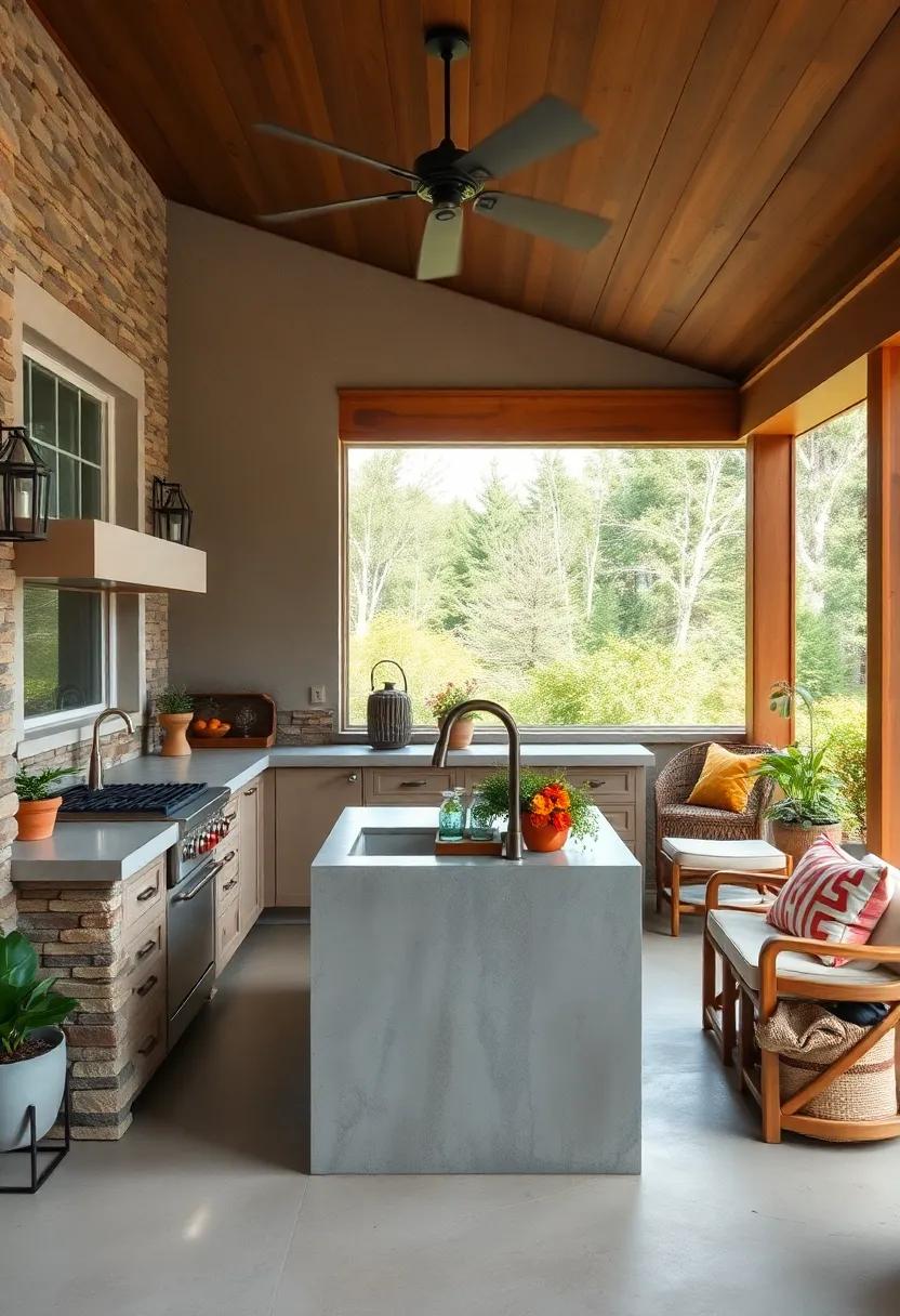 Bask in ​the beauty of a modern ‍rustic screened porch kitchen that combines a large concrete sink ‍with warm wooden accents,offering a comfortable ‌yet stylish‍ cooking environment