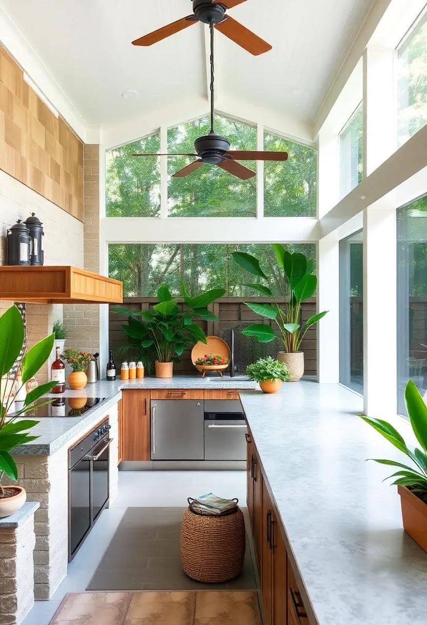 Relish⁣ the tranquility of a tropical-themed screened porch kitchen, complete with a bamboo ⁣sink and ‍a large bar area, perfect for mixing refreshing summer cocktails