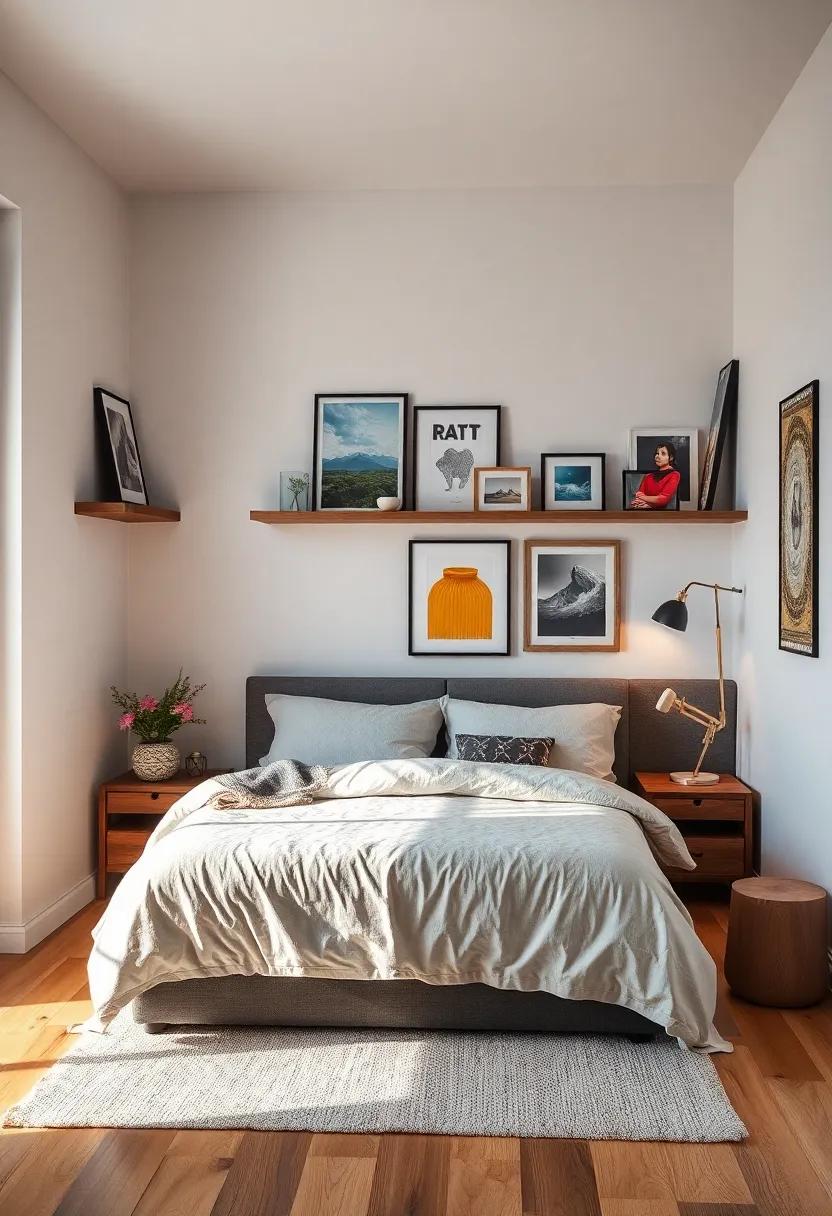 Artwork Display shelves: Use corner shelving as an art gallery wall to showcase your favorite prints and photographs creatively