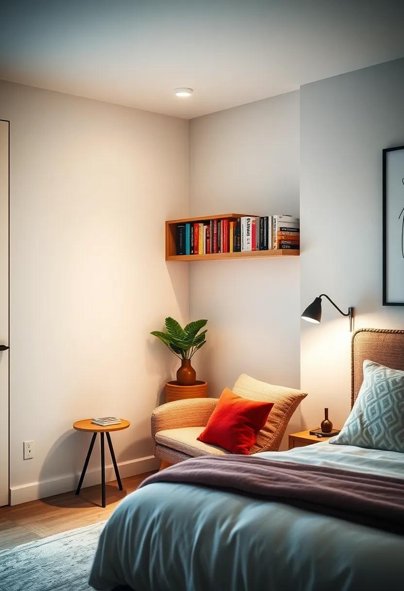 Corner Book Nook: Transform a corner into a cozy reading nook by incorporating a small, corner shelf packed with your favorite books and a comfy chair