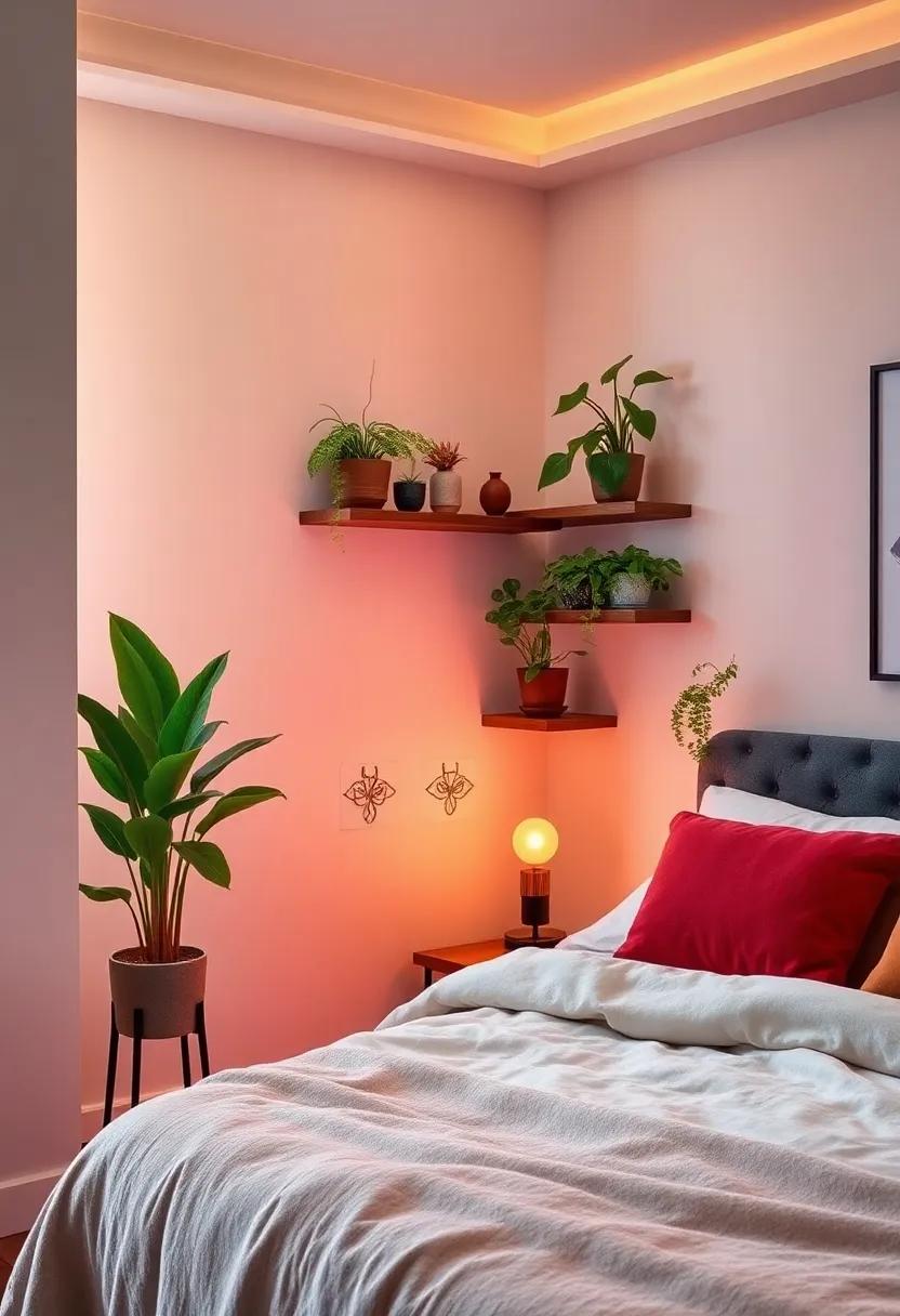 Small Plant Corner: Create a mini indoor jungle by using corner shelves to hold various plants,brightening up your small bedroom