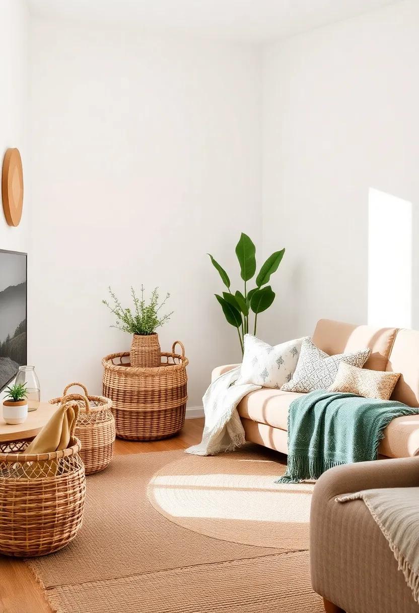 Woven Baskets: Utilize woven baskets for clever storage solutions that contribute⁤ to a rustic vibe while keeping your living room ‌neat and⁤ organized
