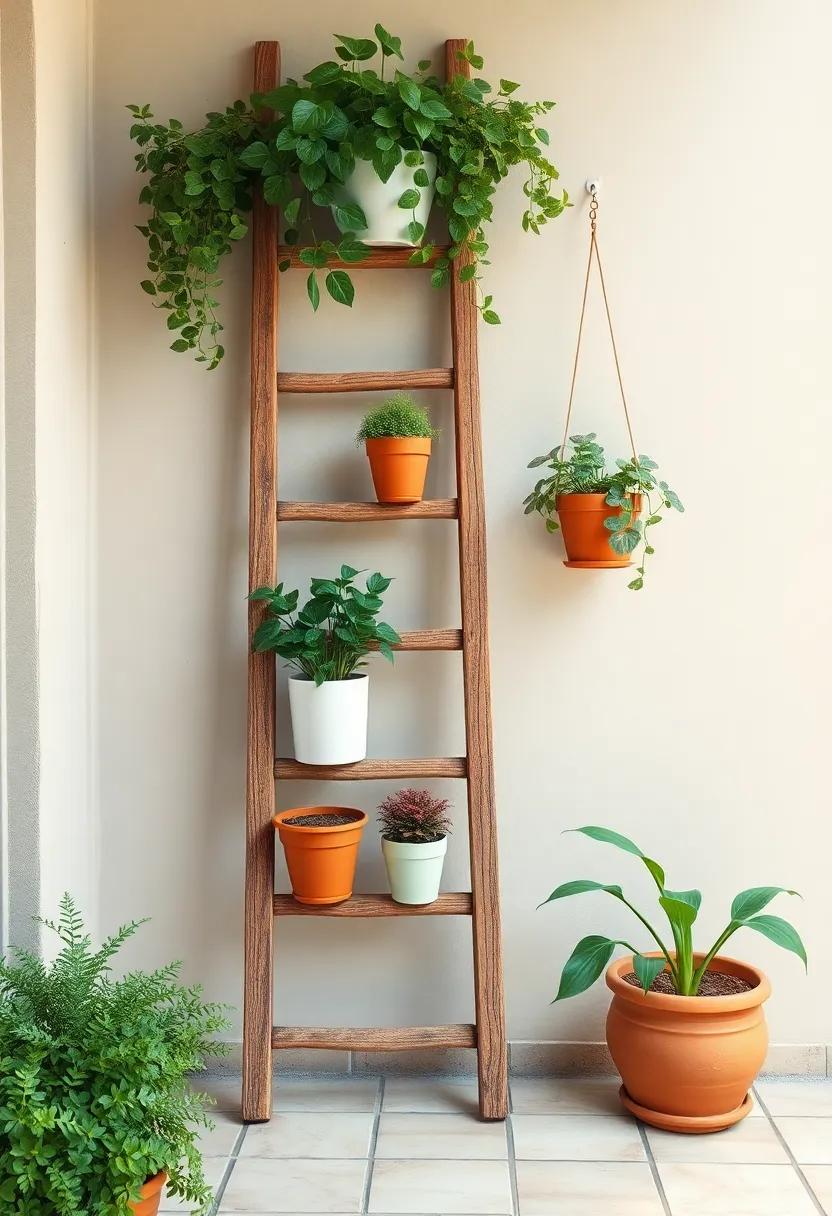 Rustic Ladder‌ Display: ⁤Repurpose an old wooden ladder‌ by ‌leaning it against a wall and using the ‌rungs‌ to hang⁢ potted plants, giving your patio a⁤ charming rustic⁣ appeal