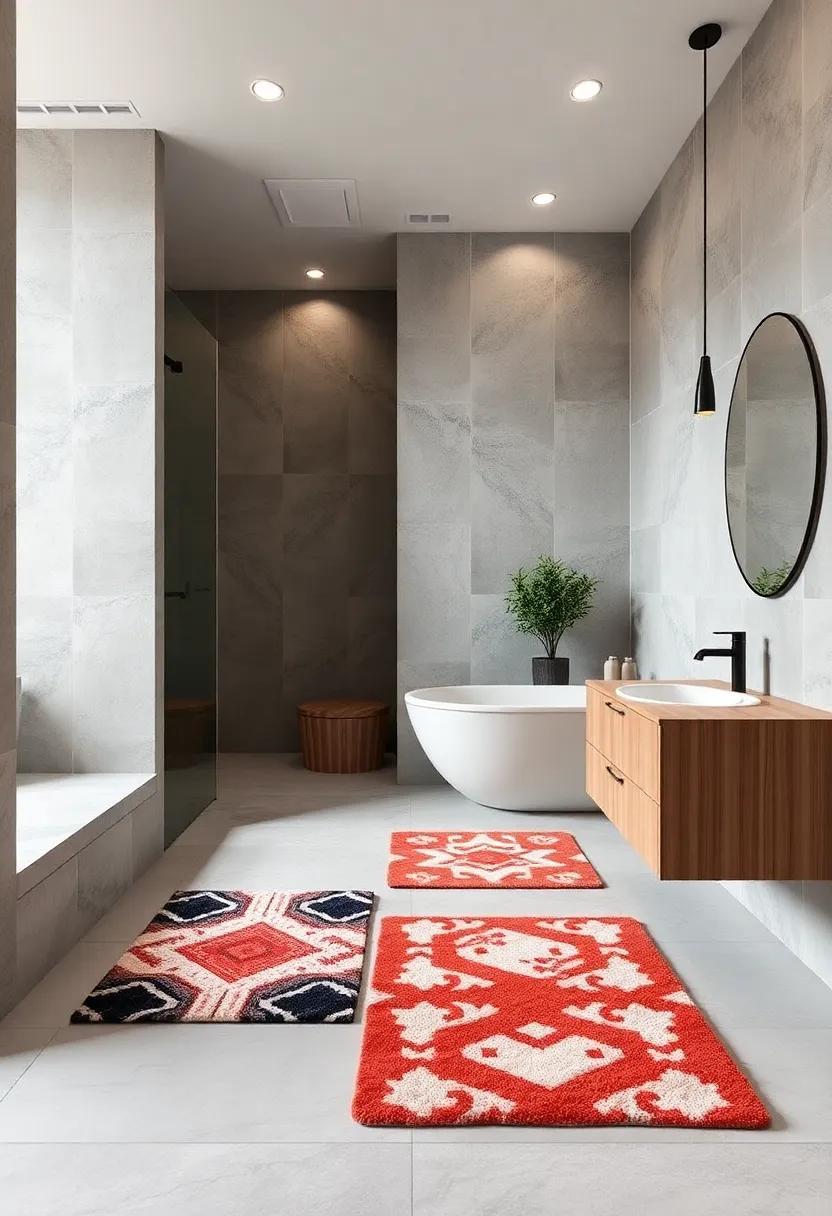 Chic Bath Mats: Opt for stylish bath mats in bold patterns or luxurious materials to enhance comfort and design