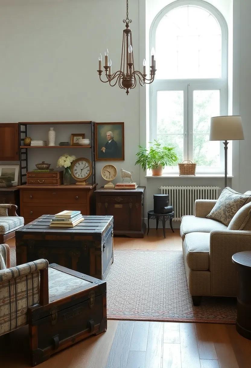 Antique Trunks: Perfect for both storage and style, these vintage trunks can easily double as coffee tables or side tables