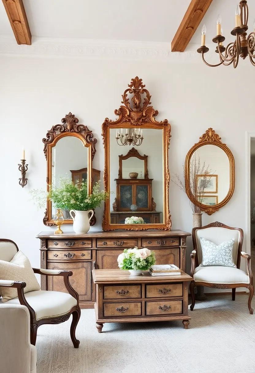 Antique Mirrors: Ornately​ framed mirrors not only lighten up the space but also reflect the beauty of the vintage aesthetic