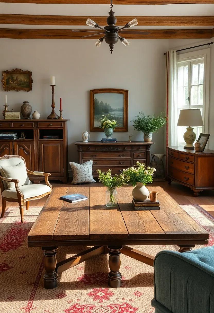 Weathered Coffee Table: A coffee table with history can serve as the heart of your living room, sparking conversations and memories