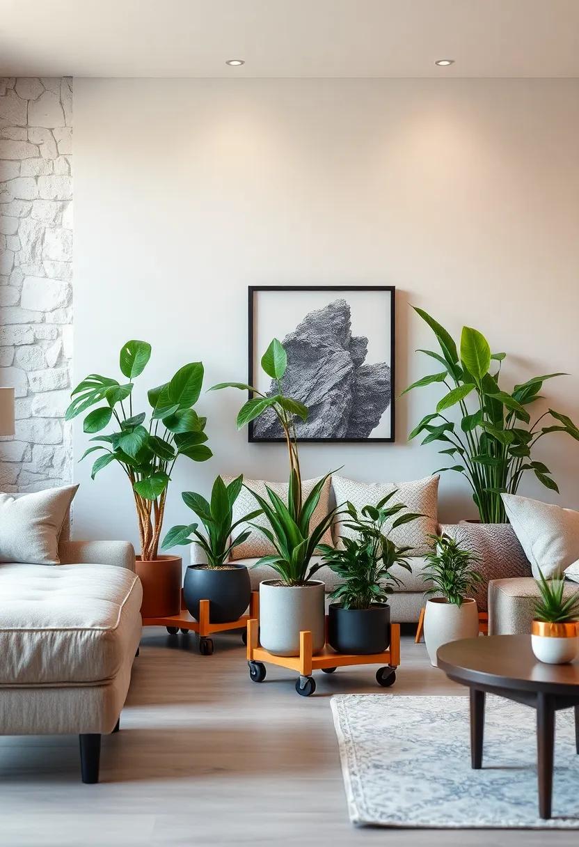 Decorate with Plant Caddy Wheels: Use rolling plant caddies to⁢ easily move larger ⁣plants around for the ‌best light, while also adding mobility⁣ and flexibility to your space