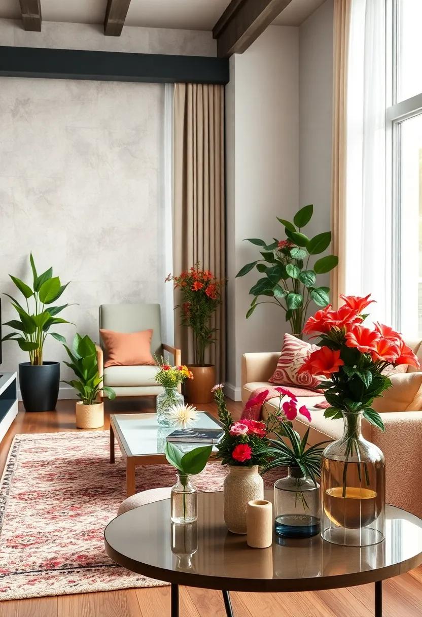 Include Floral⁣ Arrangements: Mix cut flowers in vases with potted plants for a fresh, dynamic look;⁣ vibrant blooms ⁤can‍ bring seasonal cheer to your living room