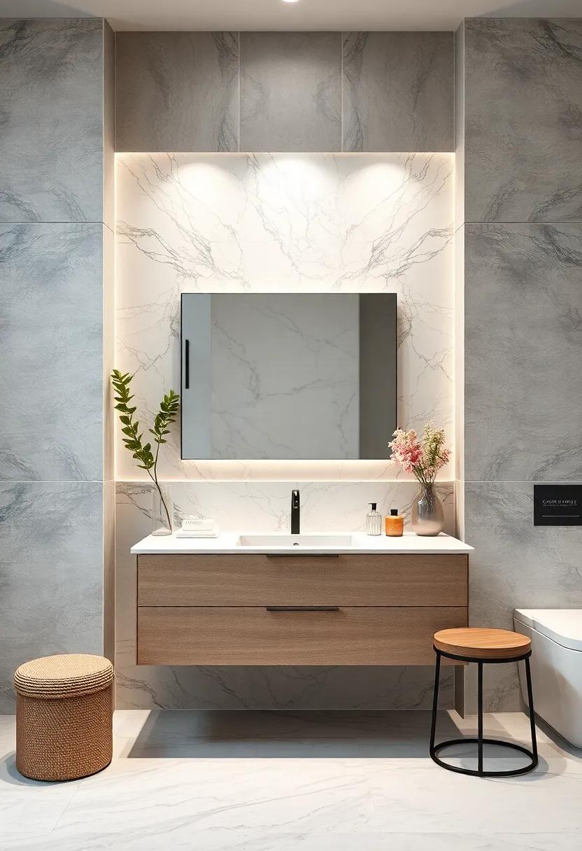 Marble Accent Wall behind Vanity: Create a striking accent wall ⁢behind your vanity‌ with rich veined marble that frames the area beautifully, setting the stage for your ⁤bathroom ​routine
