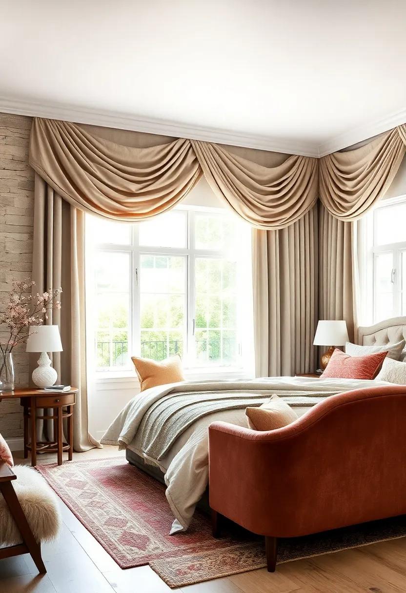 Elegant Swags: Use swags​ of linen fabric to add a grand, drapey effect ‍above ⁤windows, giving your bedroom an air ⁢of sophistication