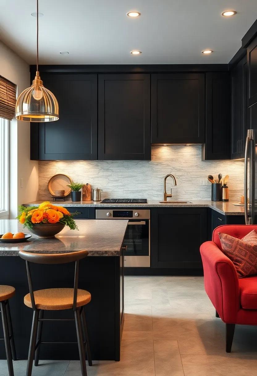 Go Bold with Backsplashes: Choose a vibrant or patterned backsplash to add a pop of color and personality against the dark cabinetry