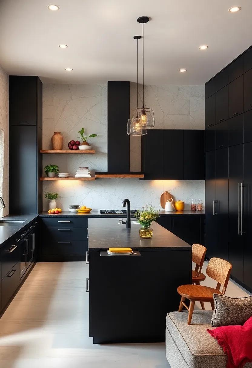 Mix materials: Combine wood elements,‍ like open shelving or a wooden island, with black ​cabinets for a‌ warm and inviting⁢ contrast